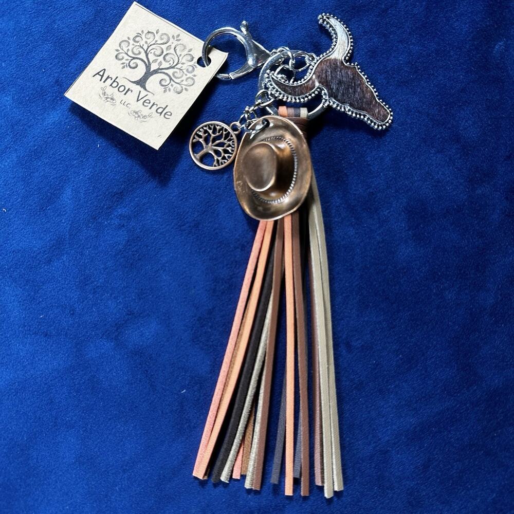 Bag Charm Keychain Cow Hair Bull head copper hat Tree of life by Arbor Verde